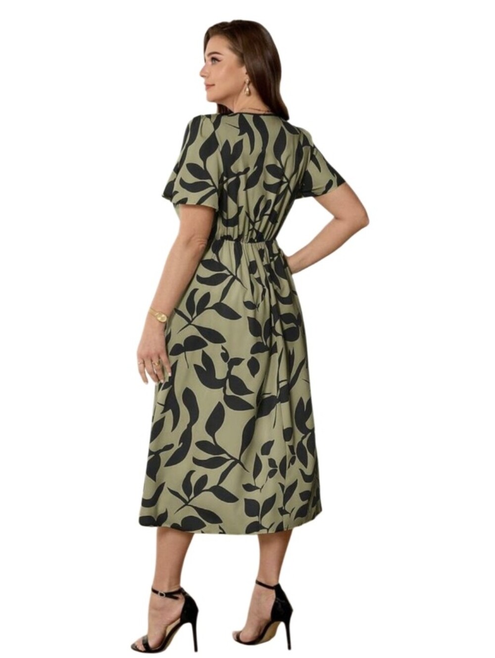 #D01 BloomChic Olive Green Midi Dress with Black Leaf Print